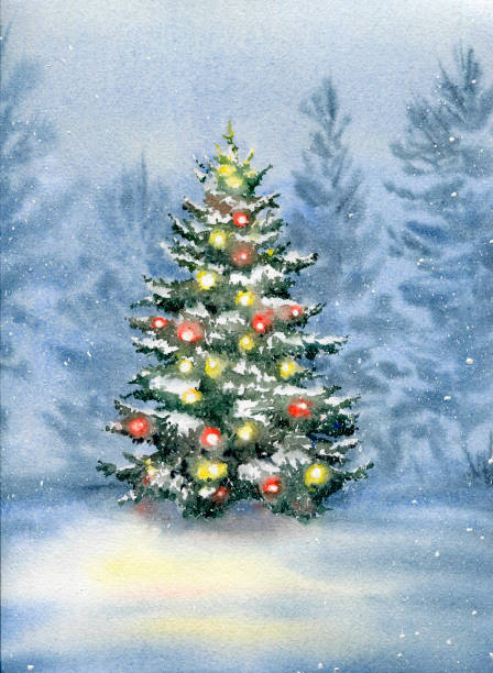choinka ozdobiona kulkami w zimowym lesie. - christmas design christmas tree paintings stock illustrations