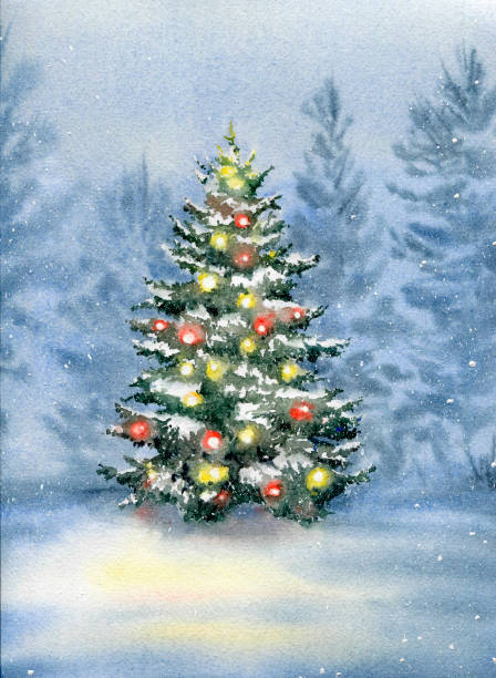 рождественская елка, украшенная шариками в зимнем лесу. - christmas tree christmas wood woods stock illustrations