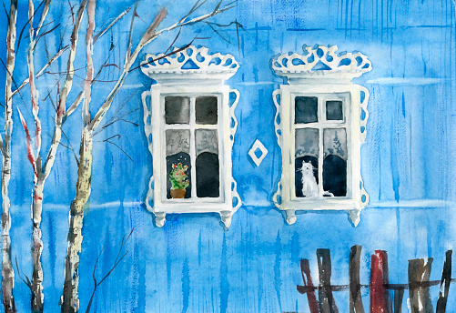 Wooden house in Russian style with beautiful windows. Watercolor illustration.