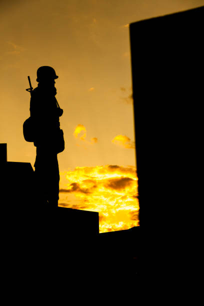 soldat in silhouette mit blick auf goldenen himmel. - canadian soldier stock-fotos und bilder