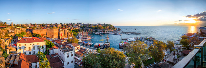 Antalya / Turkey  December 14, 2019: Beautiful view of the Antalya Kaleiçi Old town (Kaleici) in Antalya, Turkey