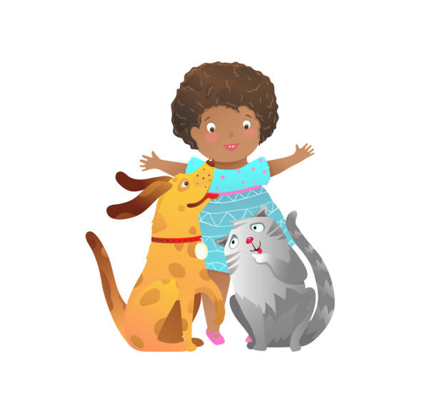 illustrations, cliparts, dessins animés et icônes de fille d'enfant d'afro-américain avec le chat et le crabot jouant ensemble des amis heureux. - illustration and painting black drawing clip art