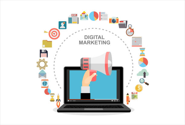 istock Hand holding megaphone coming out from laptop, digital marketing vector concept. Vector flat design illustration. 1194532399