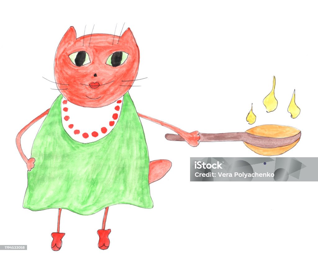 Watercolor Drawing Cat With Food Color Art Illustration For Kids Colorful Cartoon  Character Stock Illustration - Download Image Now - iStock