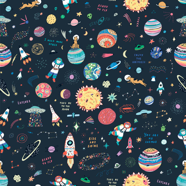 Take me to the Moon Background There is no better place for space flights than kid's
dreams. The planets, the Moon, the stars - the Galaxy awaits for you! astronaut patterns stock illustrations