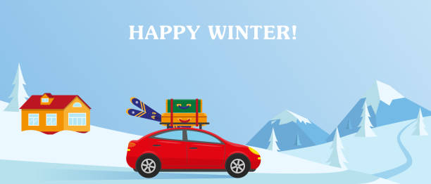 Winter landscape with mountain. Car with suitcases and skies. Winter resort concept vector illustration. Winter landscape with mountain. Car with suitcases and skies. Winter resort concept vector illustration. winter travel stock illustrations