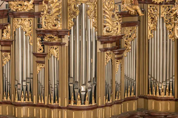 An elaborate baroque organ found in the magnificent gothic cathedral-type church of St. Barbara (Chram Sv. Barbory)