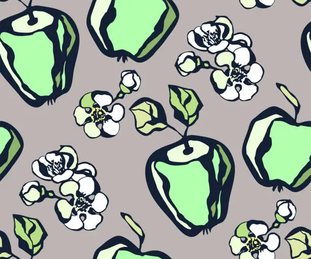 Vector illustration of Seamless floral pattern with apple and flowers. Ornamental decorative background. Vector pattern. Print for textile, cloth, wallpaper, scrapbooking