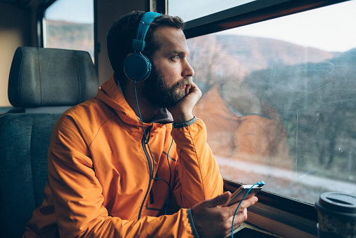 Young man with headphones in the train