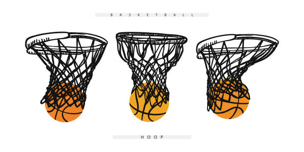 ilustraciones, imágenes clip art, dibujos animados e iconos de stock de aro de baloncesto vectorial con la pelota. colección de elementos deportivos para el diseño de banners, carteles, folletos. - swish