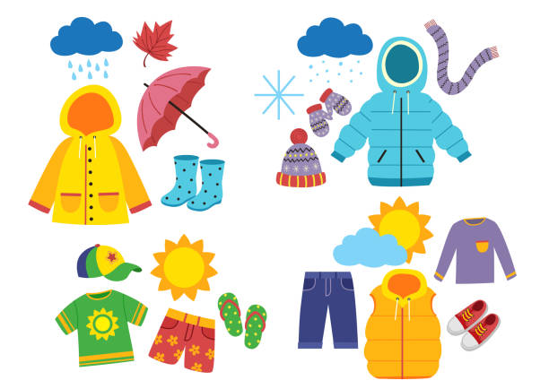 ilustraciones, imágenes clip art, dibujos animados e iconos de stock de conjunto de ropa de temporada de los niños - impermeable