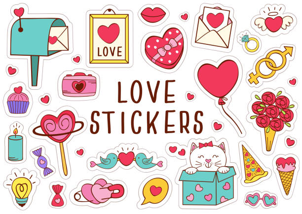 ilustrações de stock, clip art, desenhos animados e ícones de set of isolated love stickers part 2 - lollipop isolated multi colored candy