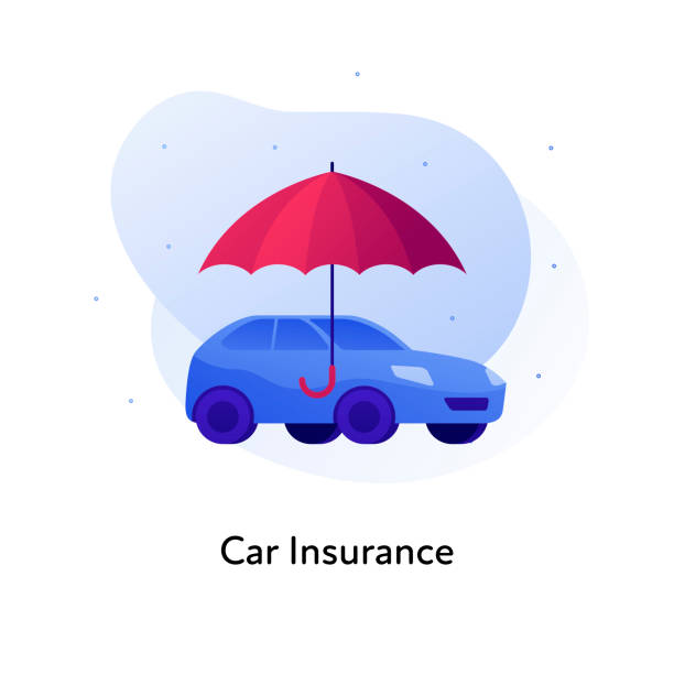 vector flat insurance geschäft farbabbildung. autounfallschutzkonzept. fahrzeug mit schirmschild auf weißem hintergrund isoliert. design-element für banner, poster, web, ui, druck - auto accidents symbol insurance computer icon stock-grafiken, -clipart, -cartoons und -symbole