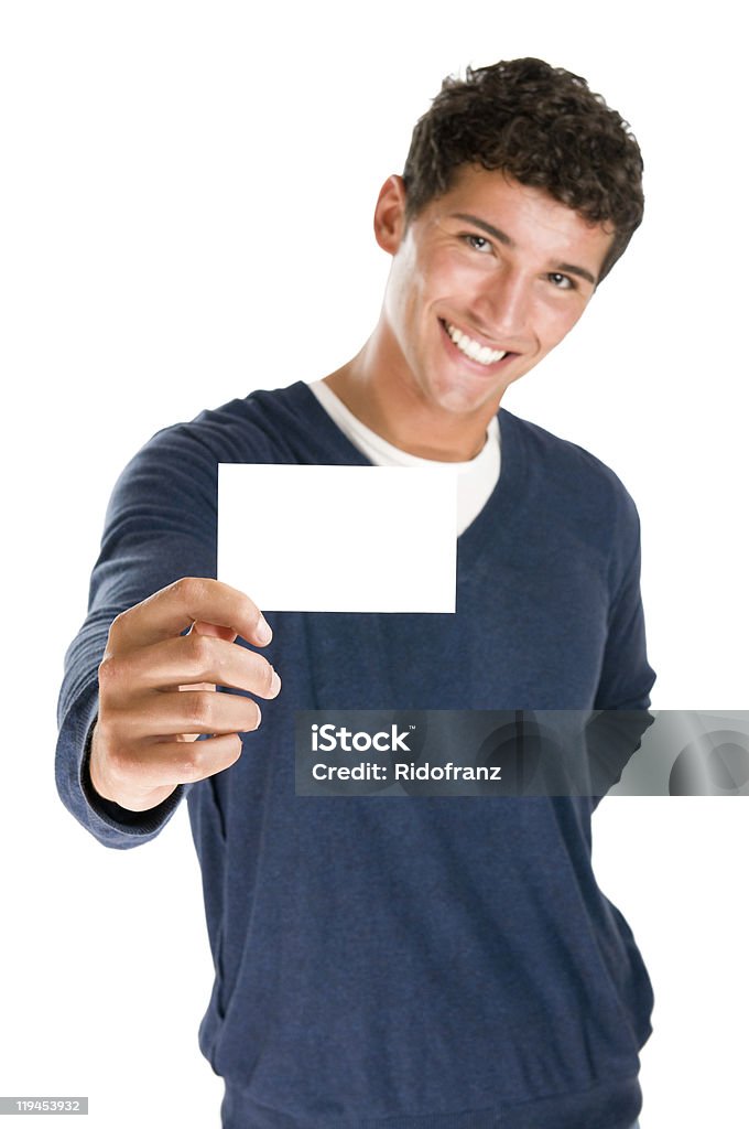 Hombre feliz sosteniendo una tarjeta en blanco - Foto de stock de Tarjeta de felicitación libre de derechos