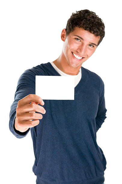 istock Happy man holding blank card 119453932
