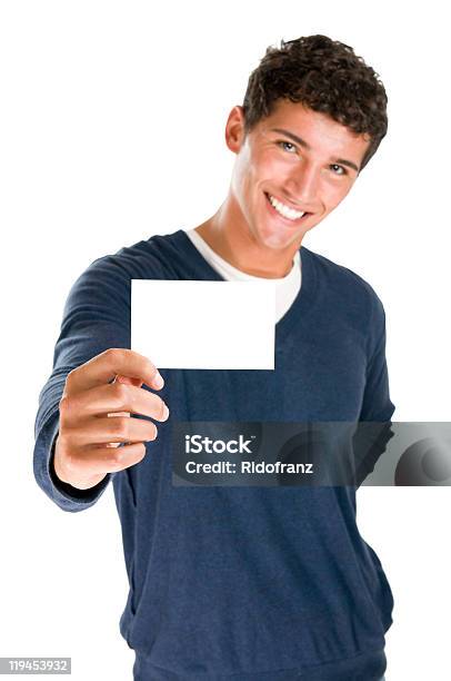 Szczęśliwy Człowiek Gospodarstwa Puste Karty - zdjęcia stockowe i więcej obrazów Kartka okolicznościowa - Kartka okolicznościowa, Trzymać, Mężczyźni