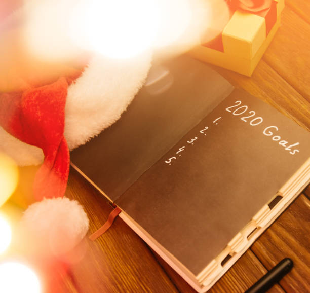 istock Checklist  of goals 2020 in notebook at workspace. 1194540679