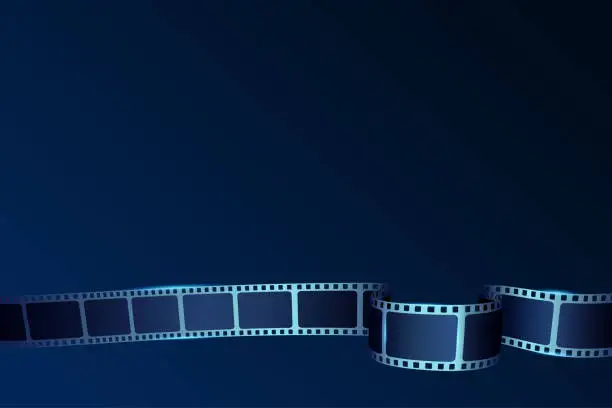 Vector illustration of Realistic 3D cinema film strip in perspective isolated on blue background. Vector template cinema festival. Movie design cinema film strip for ad, poster, presentation, show, brochure, banner or flyer