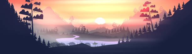 Lake with boat in a pine forest, and mountains at sunset panorama Lake with boat in a pine forest, and mountains at sunset panorama rafting kayak kayaking river stock illustrations