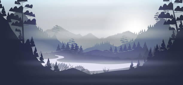 ilustrações de stock, clip art, desenhos animados e ícones de lake in a cold pine forest, and mountains - lake forest landscape silhouette