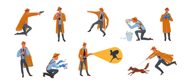 Set of private detective man character in hat search for criminal in different situations. Vector illustration in flat cartoon style. Collection set of private detective man character in hat search for criminal in different situations. Colorful vector flat isolated icons set on white background. detective illustrations stock illustrations