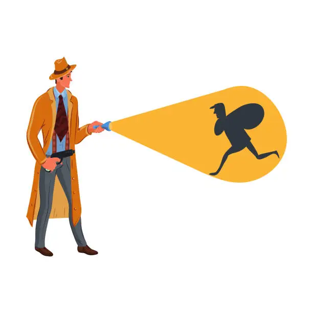 Vector illustration of Detective holding a flashlight and shines on a robber. Vector colorful illustration in cartoon style.