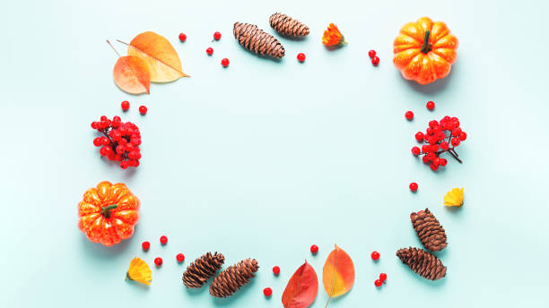 istock Autumn frame with leaves, rowan berries, orange pumpkins, pine cones on pastel background, flat lay. Fall, thanksgiving concept. Lay out with autumn leaves and plants in fall colors, copy space 1194545850