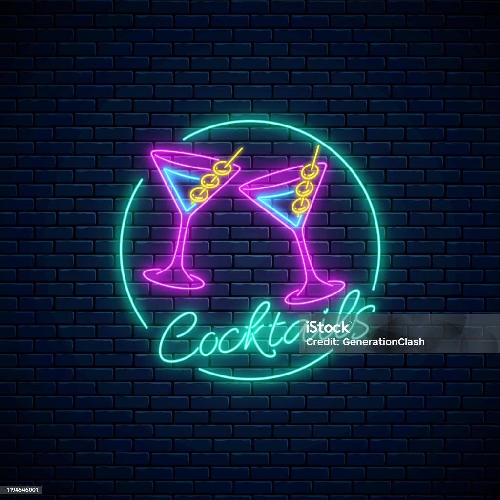Neon Cocktails Bar Sign Karaoke Night Club Logo With Glasses Of Alcohol  Shake Vector Drinking Canteen Banner Stock Illustration - Download Image  Now - iStock