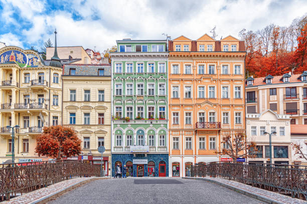 Prague/Czech Republic - October 22, 2019: View on the Tepla river bridge and buildings in Karlovy Vary the most famous SPA town in the Czech Republic