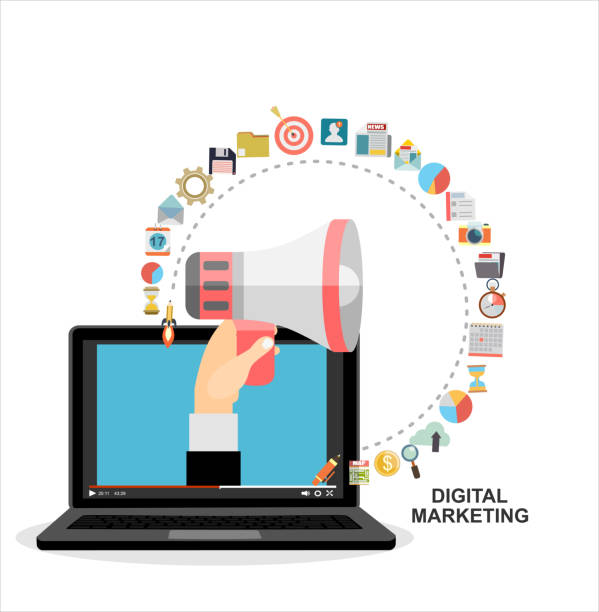 istock Hand holding megaphone coming out from laptop, digital marketing vector concept. Vector flat design illustration. 1194549010