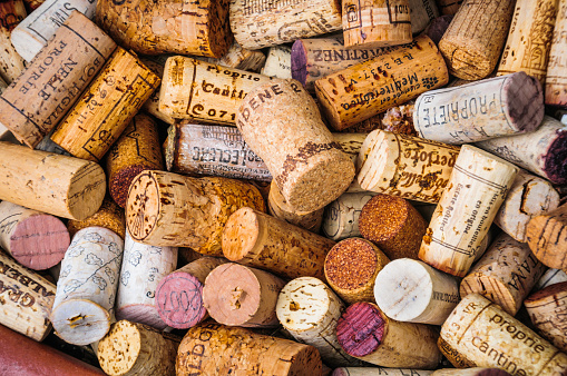 Valduz, Liechtenstein.-May 24, 2016-  An array of discarded wine corks of many wineries outside a cafe in  Valduz, Liechtenstein.