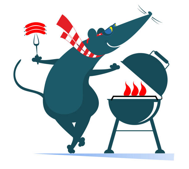 Barbecue and rat or mouse illustration Cartoon rat or mouse frying sausages and steaks on the grill isolated on white illustration opossum silhouette stock illustrations