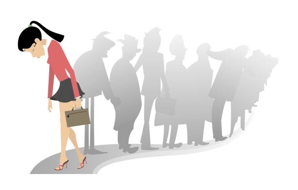 Sad woman and a turn of the people illustration Sad woman with a bag hangs her head and passes by the turn of the people funny contract stock illustrations