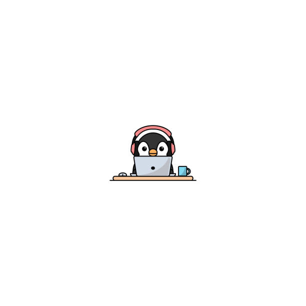 ilustrações, clipart, desenhos animados e ícones de pinguim bonito com o auscultador que trabalha em um portátil, ilustração do vetor - animal backgrounds audio