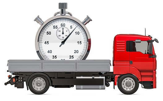 Truck with stopwatch. Fast delivery concept, 3D rendering isolated on white background