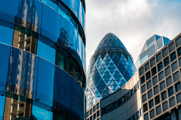 Skyline of London with 30 St Mary Axe The view of the London skyline with the 30 St Mary Axe aka The Gherkin. city of london stock pictures, royalty-free photos & images