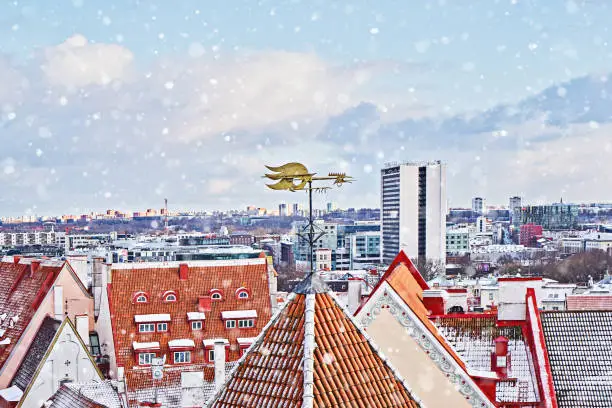 Photo of Iconic view of Tallinn old city cityscape skyline from observation deck in winter