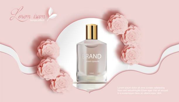istock Perfume with rose and white-peach background-Flower Paper Cut Banner-Vector Illustration 1194573621