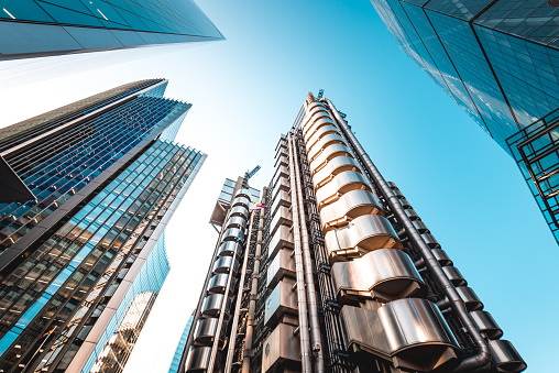 London's iconic Lloyd's Building, designed by architect Richard Rogers, also known as the Inside-Out Building.