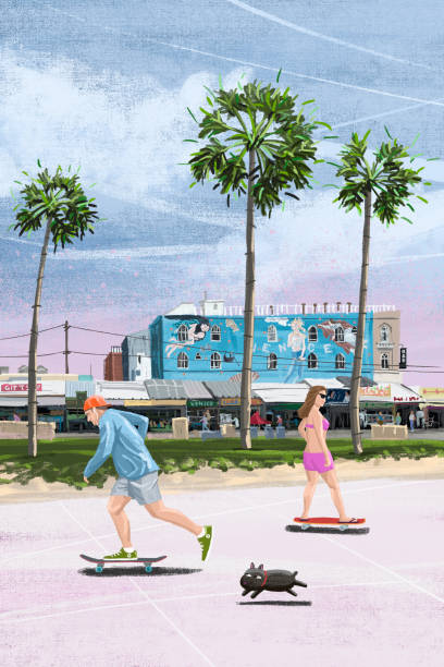 plaża w wenecji w los angeles z palmami - santa monica obrazy stock illustrations