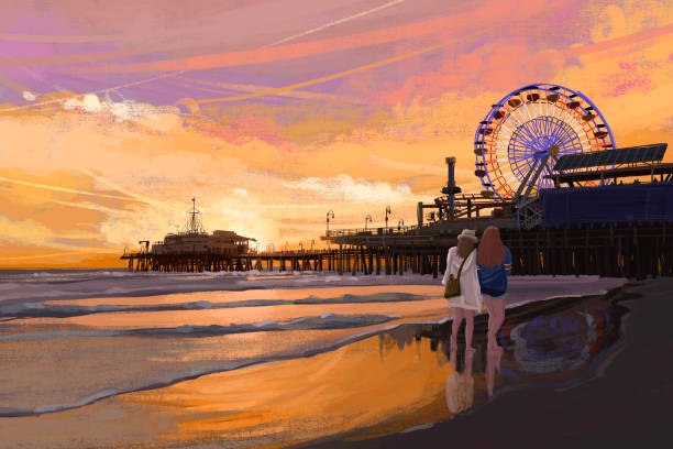 산타모니카 의 놀이 공원 - santa monica santa monica beach santa monica pier city of los angeles stock illustrations