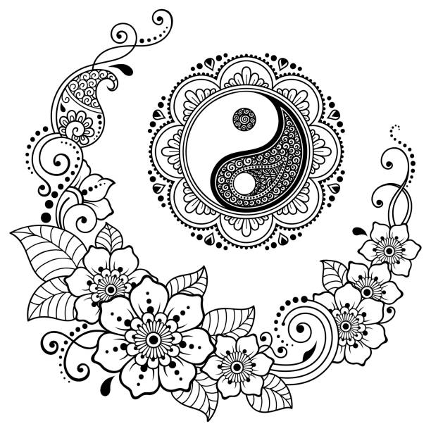 ilustrações de stock, clip art, desenhos animados e ícones de circular mandala pattern for henna, mehndi, tattoo, decoration. decorative ornament in oriental style with yin-yang hand drawn symbol, flowers and ethnic floral ornaments. coloring book page. - tao symbol