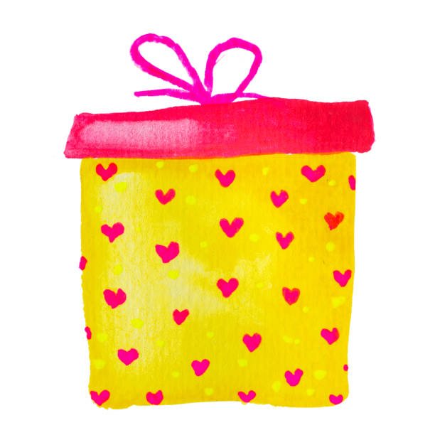 акварель картина рисунок желтого и розового день рождения валентина подарок коробка подарок, изолированные - illustration and painting valentines day individuality happiness stock illustrations