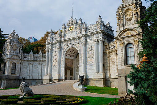 Istanbul, Turkey. November 23, 2019. Gate of the Treasury (Hazine-i Hassa Kaps). Dolmabahce Palace, located in Besiktas district was  the main administrative center of the Ottoman Empire