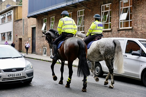 London, UK - 26 June 2019: City Police riding on horse at the road.