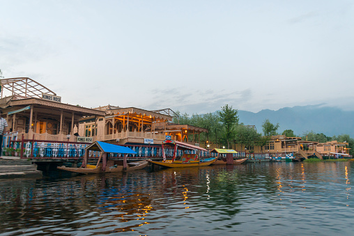 Colourful lights in the shops around Dal lake after sunset, Srinagar, Jammu and KAshmir, India