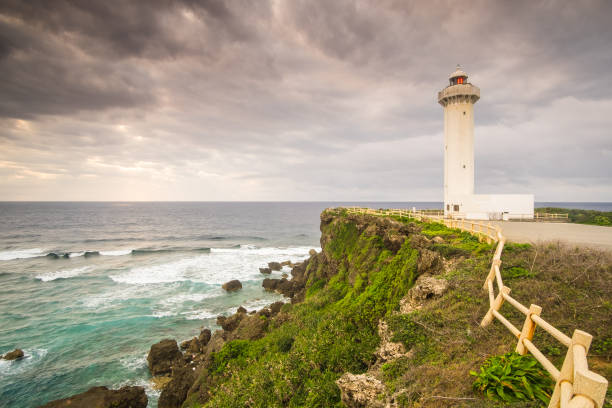 Miyako island rocky coastline and light house sunrise