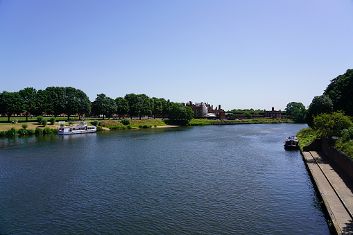 Hampton Court, London, UK - 27 June 2019: Landscape of River Thames from Hampton Court Palace.