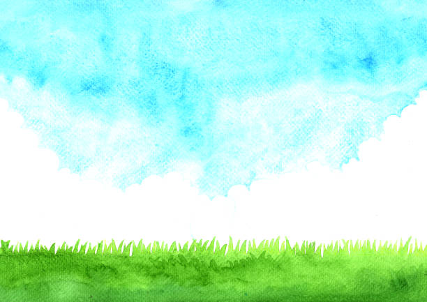istock Green grass meadow with cloud sky watercolor hand painting background. 1194604581