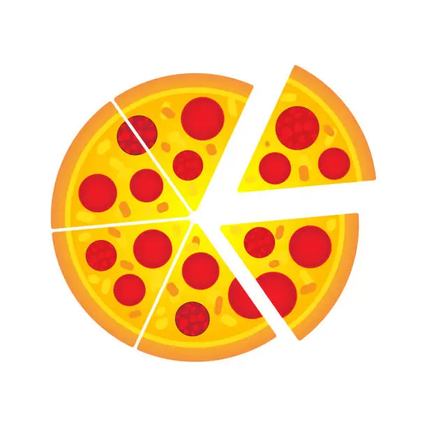 Vector illustration of Simple pepperoni Italian pizza cartoon vector illustration design. Slide of pizza on white background.